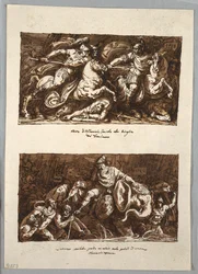 Sketchbook Page: Death of Flaminius in the Battle of Trasimeno; Annabelle Loses an Eye in the Swamps of Fiano, Tuscany