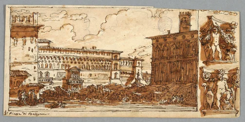 Sketchbook Page, Folio 57: Study after Piazza Emmanuelle in Bologna; Verso, Architectural Detail