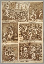 Sketchbook Page: Six Scenes; Verso: Five Studies of Horse Heads; Head of Lion