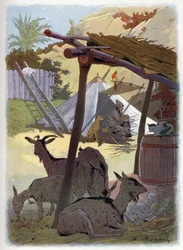 Robinson Crusoe home with his animals