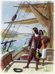 Robinson Crusoe leaves his island - Illustration by Felician Myrbach Rheinfeld for the Book of Daniel Defoe Robinson Crusoe. No Date. About 1934