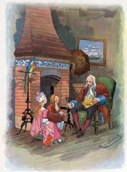 Robinson Crusoe Tells His Children About His Adventures. Illustration by Felician Myrbach for the Book of Daniel Defoe 
