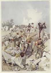Soldiers and civilians building a barricade