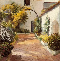 Convent courtyard. Painting made in Marmolejo in the province of Jaen in Spain. Oil on canvas by Felipe Abarzuza (1871-1948), first half of the 20th century. Provincial Museum of Cadiz (Cadiz)