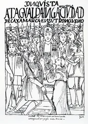 Diego de Almagro, Francisco Pizarro and Friar Vicente de Valverde kneeling before Atahualpa Inca at Cajamarca