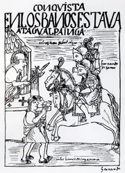 Sebastian de Benalcazar and Hernando Pizarro Confront Atahualpa Inca at the Royal Baths in Cajamarca