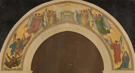 Sketch for the Trinity Church: The Paschal Lamb. Group of adoring angels. The archangel Saint Michael overcoming the devil. The Annunciation. Saint Paul. Saint Peter
