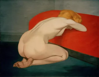 Nude Woman Kneeling in Front of a Red Sofa
