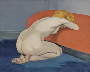 Naked Woman Kneeling in Front of a Red Couch