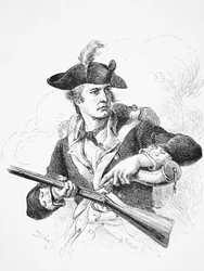 An American Soldier, During the War of Independence, Using His Powder Horn to Prime the Pan of His Flintlock Musket, Engraved by A. Bollett