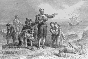 Landing of the Pilgrims, 1620, engraved by A. Bollett, from 