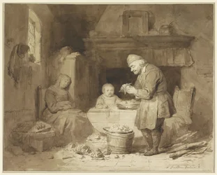 While a Woman Has Fallen Asleep, an Old Man Peels Potatoes