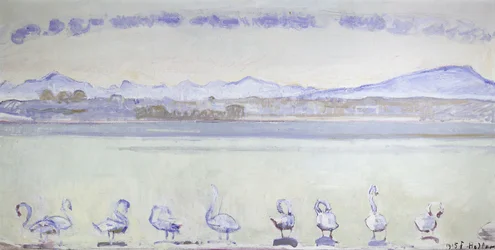Nine Swans in Front of a Mountainous Landscape