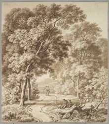 A Path Bordered by Trees with Two Beggars and a Couple Strolling