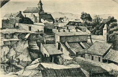 Quarry in Alt-Matzleinsdorf, with the parish church of St Florian in Vienna