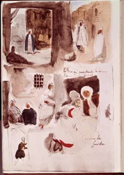 Album from North Africa and Spain: Streets, walls and shops with characters standing or sitting including Smirne