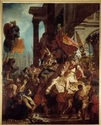 The Justice of Trajan. A widow whose son was killed seeks justice from Emperor Trajan (Marcus Ulpius Trajanus, 53-117) leaving for war. Illustration of the Purgatory in 