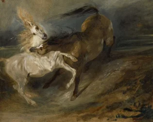 Two Horses Fighting in a Stormy Landscape