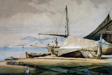 Leudi, Ligurian fishing boat, color lithograph by Ferdinand Perrot