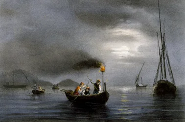 Night fishing by fishing lamp, Colored lithograph by Ferdinand Perrot