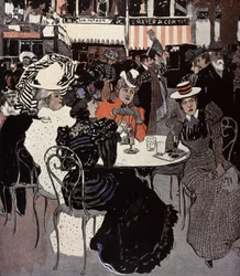 Woman talking at a table outside a cafe. Illustration by Von Reznicek in: Simplicissimus, Germany