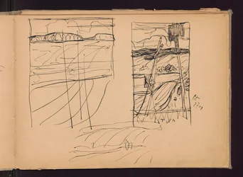 Three Sketches: a),c) Hilly Landscape, b) Old Crosses; verso: Three Sketches of Paintings: Angelus, Lithuania, Province