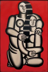 Two Figures Against Red Background