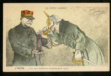Postcard, Satirical in Colors, ca. 1914: A small gift I offer with my best wishes for 1915 - War of 14-18, Canons, shells - William II, Joffre Illustration by Gottlob