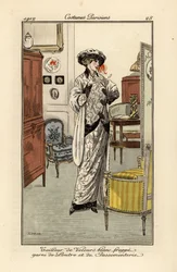Woman in suit of white velvet decorated with otter fur and trim