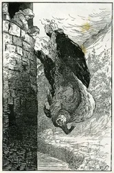 Fable: "They Threw Her Out the Window Directly into the River". Illustration by Filiberto Scarpelli for the fable "The Little Dwarfs of the Woods" (Three Young Men in the Forest) from a collection by the Brothers Grimm "Snow White and Other Tales"