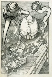 Fables: The Prince Entered the City Followed by His Servants. Illustration by Filiberto Scarpelli for the fable "The Servants and the Prince" from a collection by the Brothers Grimm "Snow White and Other Tales"