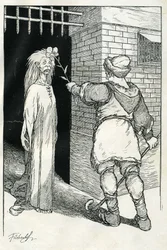 "He First Touched the Old Woman, She Was Petrified". Illustration by Filiberto Scarpelli for the fable "Good Evening Ezekiel" from a collection of fables by the Brothers Grimm "Snow White and Other Tales"