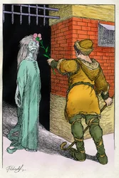 Illustration by Filiberto Scarpelli for the fable "Good Evening Ezekiel" from a collection of fables by the Brothers Grimm "Snow White and Other Tales"