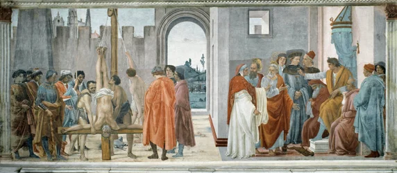 The dispute between Simon the Wizard (the Mage or Simon of Samaria, died 65) (with Nero (37-68) on the throne) and the Crucifixion of St. Peter (The Dispute with Simon Mago and The Crucifixion of St. Peter) - Fresco by Filipino Lippi (1457-1504)
