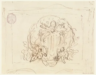 Tablet bearing the coat of arms of Pope Benedict XIV with shell as background, 1740–58