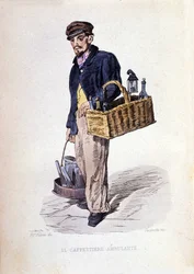 Small business of the city of Naples: the caffettiere, a Neapolitan coffee merchant. Engraving after a painting by F. Palizza. From a work by Francesco de Bourcard Costumi del regno di Napoli