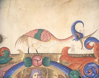 Fantastical bird, detail of the decoration surrounding an historiated initial from a Choir Book executed before 1449 (detail)
