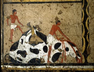 Egyptian antiquity: a bull is sacrificed before a sarcophagus. Tempera on clay and straw from the tomb of the General and Chancellor of King Iti in El Ghebelen near Luxor. 2200-2000 BC. Turin, Egyptian Museum