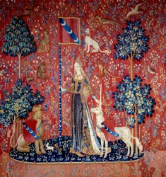 A young woman surrounded by a lion, a unicorn, a monkey, rabbits - Allegory of touch