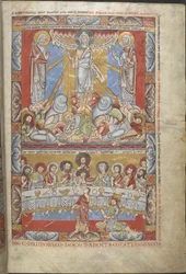 Full-page miniature in two registers, of the Transfiguration of Christ and the Last Supper, illustrations from 