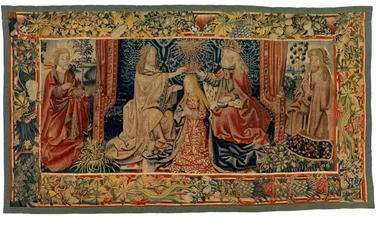 Altar frontal tapestry depicting the Coronation of the Virgin, between two saints