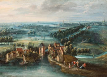 An Extensive Landscape with a Village by a River and Figures in the Foreground
