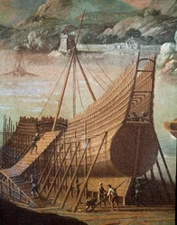 Construction of a galleon in a shipyard in Genoa (Detail)