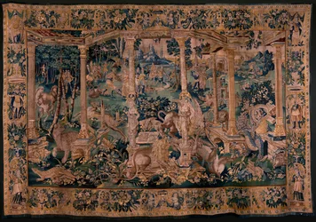 Flemish Tapestry. Landscape with Pergola and Large Animals. Version with Extensive Pergola. Atelier of Oudenaarde. 340x498cm. 17th Century.