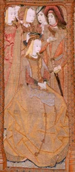 Flemish tapestry. Series Devotion of Our Lady or Golden Cloths. The Coronation of the Virgin. Fourth tapestry in the series. Model by a cartoonist from the circle of Colyn de Coter. Manufactured by Pieter van Aelst, Brussels. Ca 1500-15