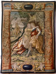 Flemish Tapestry. Series Gallantry. Couple with Musician. Manufacture Brussels, Early 17th Century. Fabric Silk and Wool, 5/6 Warps per cm. Size 348 x 263 cm. Location Church of San Millán de la Cogolla, Oncala (Soria).