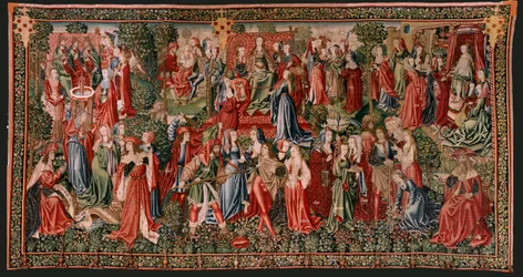 Flemish Tapestry. Series Human Redemption or Vices and Virtues. Vices Lead Man to Sin. Second Tapestry in the Series (First of Those Kept in Palencia). Brussels’ Manufacture, Workshop. Ca 1510. Size 425 x 800 cm. Fabric Gold, Silk and Wool.