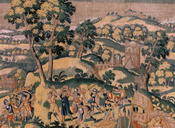 Flemish tapestry. Series Story of Cyrus. No VI Tomyris orders the head of Cyrus to be dipped in a vessel of blood. Anonymous, based on Michiel Coxcie. Atelier Antwerp. Ca 1590