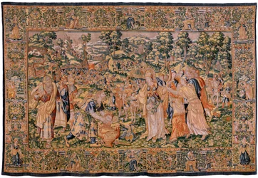 Flemish Tapestry. Series Story of Cyrus. Tomyris Orders the Head of Cyrus to be Dipped in a Vessel of Blood. Anonymous, Based on Michiel Coxcie. Atelier Antwerp