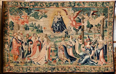 Flemish Tapestry. Series The Hail. Salve Regina. Manufacture Brussels’ Workshops, a Possible Manufacture by Marc Crétif. Ca 1528. Size 412 x 652 cm. Fabric Silk and Wool. Location Cathedral of Palencia. Origin A Bequest of Bishop Fonseca in 1529. On Displa